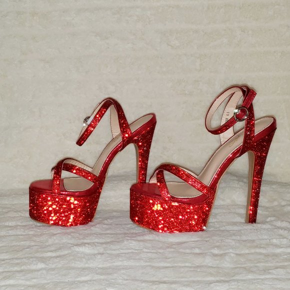 Bejeweled Pandora Bright Red Sparkling Rhinestone Platform 6.5" Heels Shoes - Picture 8 of 17